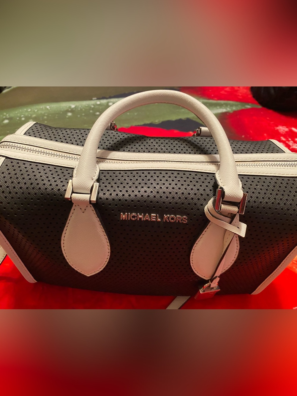 Michael Kors Black and White Perforated Dome Satchel
